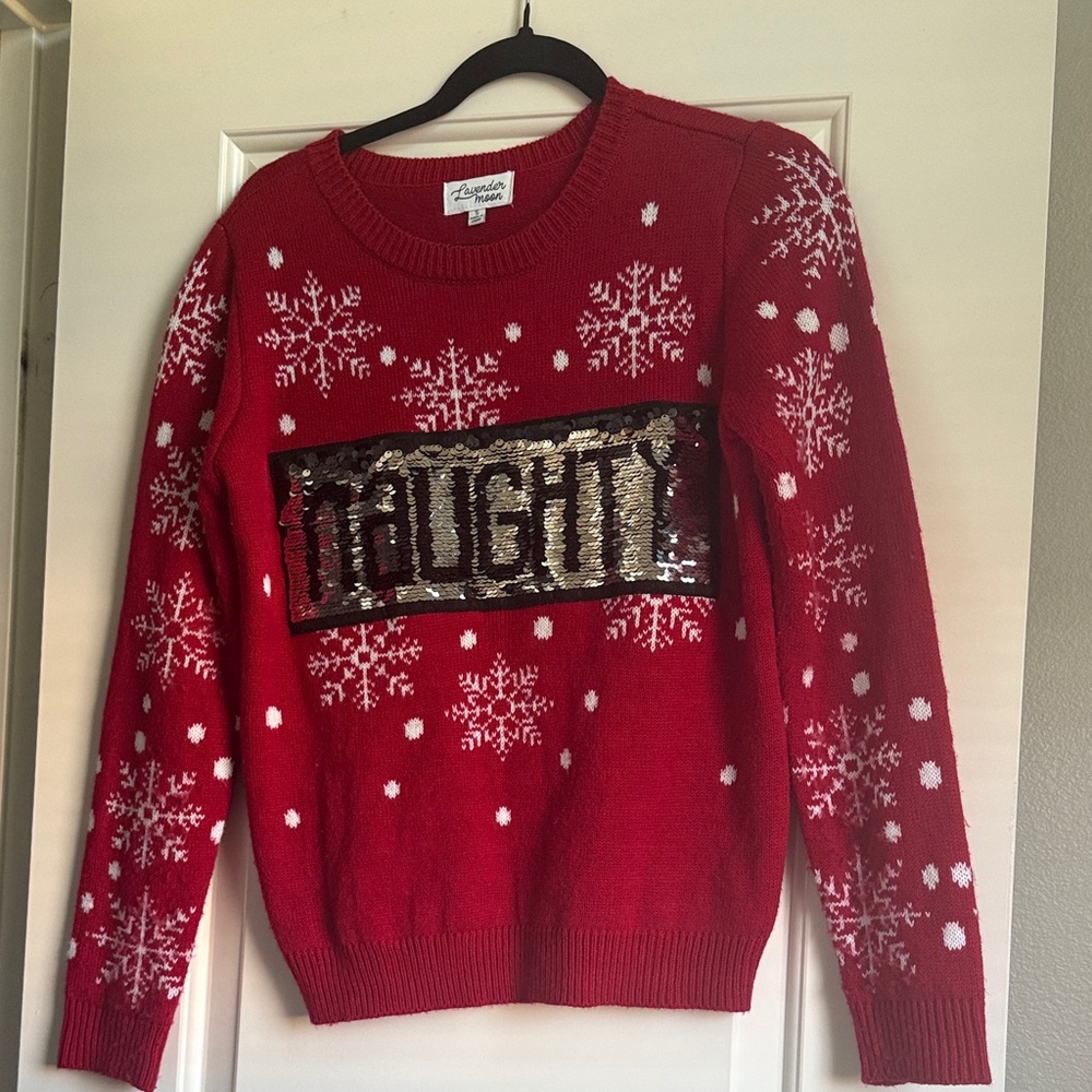 Lavender Moon Red Sweater with Gold Sequin 'NAUGHTY' Panel